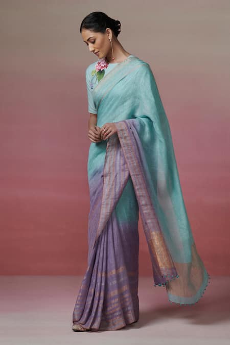 Dressfolk_Blue Linen Zari Teal Ombre Handwoven Saree With Running Blouse _Online_at_Aza_Fashions