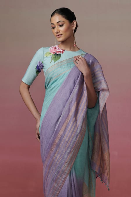 Buy_Dressfolk_Blue Linen Zari Teal Ombre Handwoven Saree With Running Blouse _Online_at_Aza_Fashions