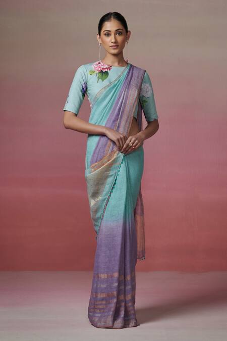 Shop_Dressfolk_Blue Linen Zari Teal Ombre Handwoven Saree With Running Blouse _Online_at_Aza_Fashions