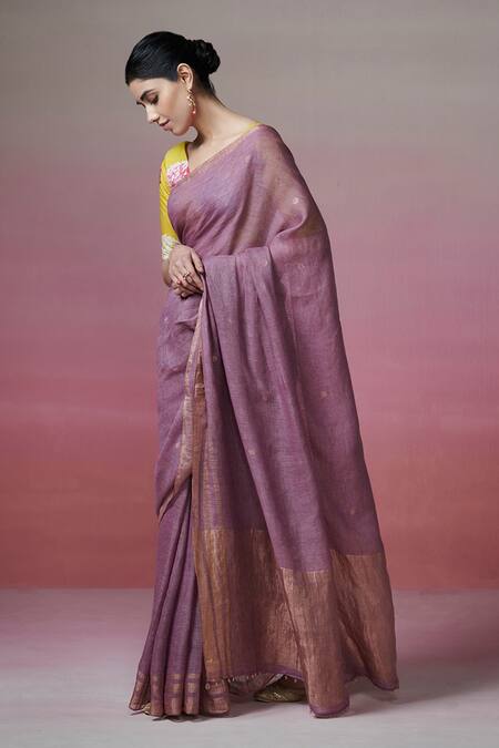 Dressfolk_Purple Linen Zari Handwoven Saree With Running Blouse _Online_at_Aza_Fashions