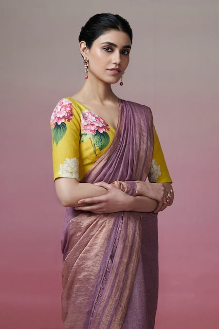 Buy_Dressfolk_Purple Linen Zari Handwoven Saree With Running Blouse _Online_at_Aza_Fashions