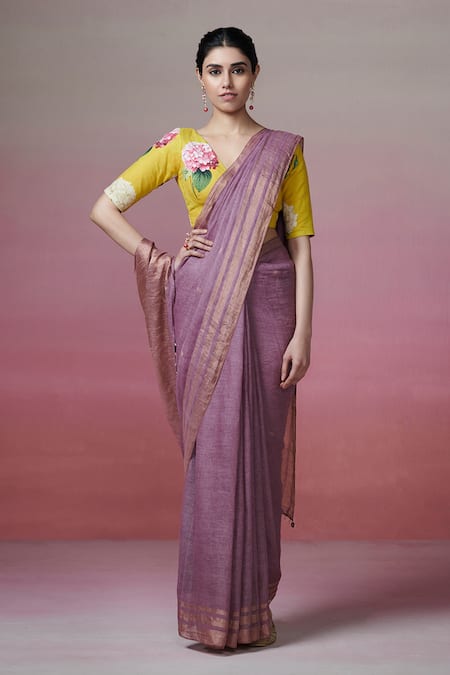 Shop_Dressfolk_Purple Linen Zari Handwoven Saree With Running Blouse _Online_at_Aza_Fashions