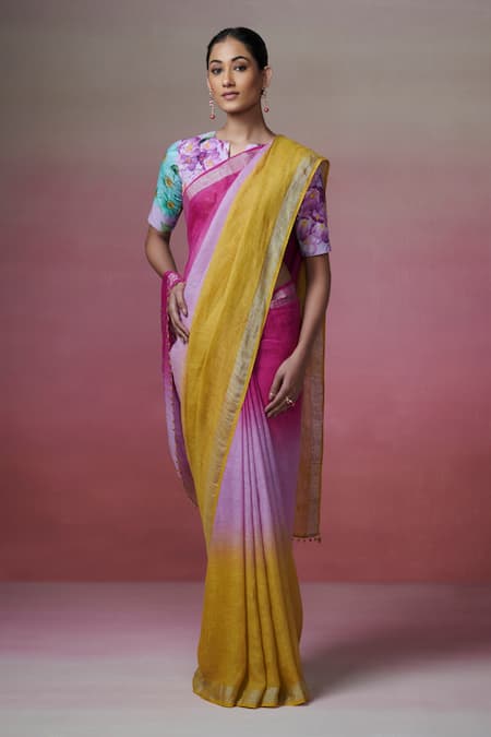 Dressfolk_Pink Linen Beads Ombre Handwoven Saree With Running Blouse_Online_at_Aza_Fashions