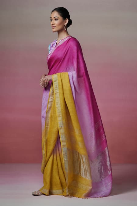 Buy_Dressfolk_Pink Linen Beads Ombre Handwoven Saree With Running Blouse_Online_at_Aza_Fashions