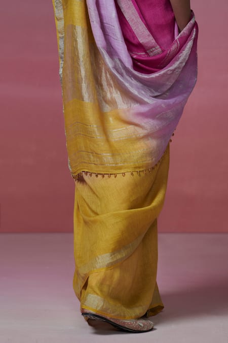 Shop_Dressfolk_Pink Linen Beads Ombre Handwoven Saree With Running Blouse_Online_at_Aza_Fashions