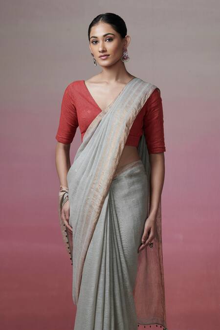 Dressfolk_Gray Linen Beads Handwoven Grey Saree With Running Blouse_Online_at_Aza_Fashions