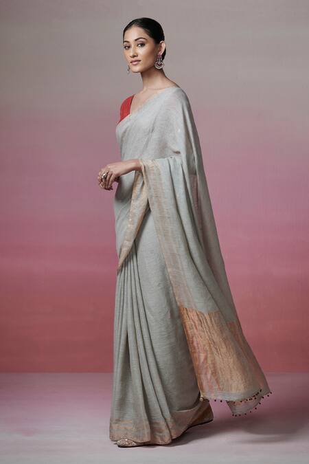 Buy_Dressfolk_Gray Linen Beads Handwoven Grey Saree With Running Blouse_Online_at_Aza_Fashions