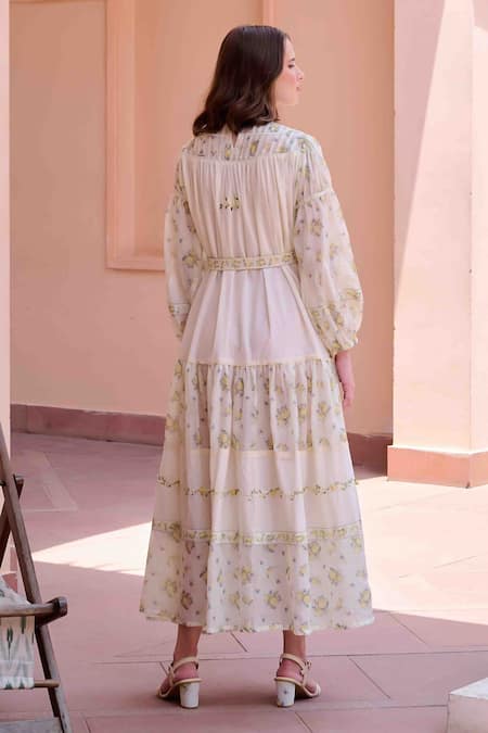 OurDve Beige Cotton, Chanderi Embroidery Round Neck Irene Printed Dress Online at Aza Fashions OurDve_Beige Cotton, Chanderi Embroidery Round Neck Irene Printed Dress _Online_at_Aza_Fashions