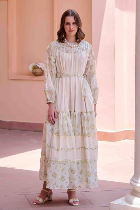 Buy OurDve Beige Cotton, Chanderi Embroidery Round Neck Irene Printed Dress Online at Aza Fashions Buy_OurDve_Beige Cotton, Chanderi Embroidery Round Neck Irene Printed Dress _Online_at_Aza_Fashions