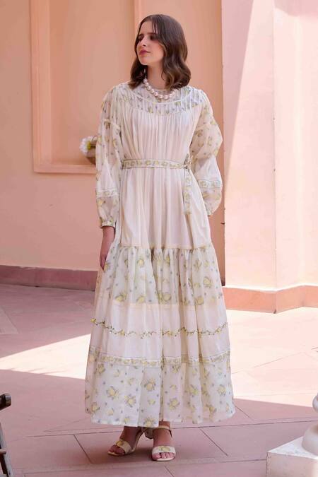 Shop OurDve Beige Cotton, Chanderi Embroidery Round Neck Irene Printed Dress Online at Aza Fashions Shop_OurDve_Beige Cotton, Chanderi Embroidery Round Neck Irene Printed Dress _Online_at_Aza_Fashions