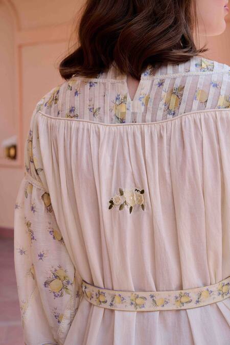 OurDve Beige Cotton, Chanderi Embroidery Round Neck Irene Printed Dress at Aza Fashions OurDve_Beige Cotton, Chanderi Embroidery Round Neck Irene Printed Dress _at_Aza_Fashions