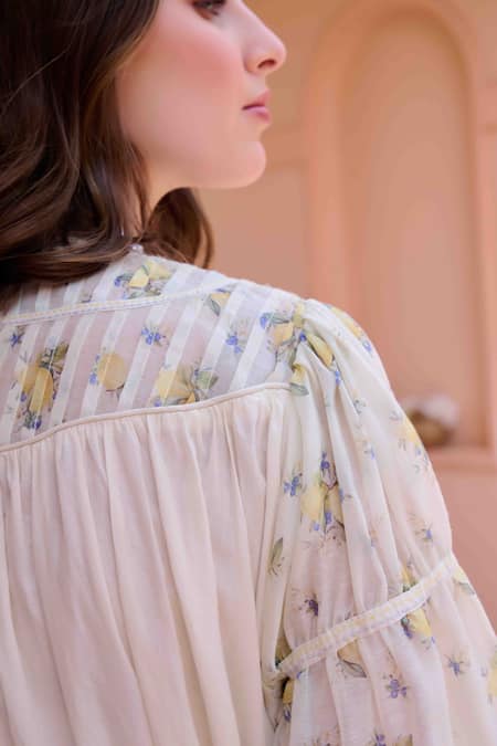 Buy OurDve Beige Cotton, Chanderi Embroidery Round Neck Irene Printed Dress Buy_OurDve_Beige Cotton, Chanderi Embroidery Round Neck Irene Printed Dress