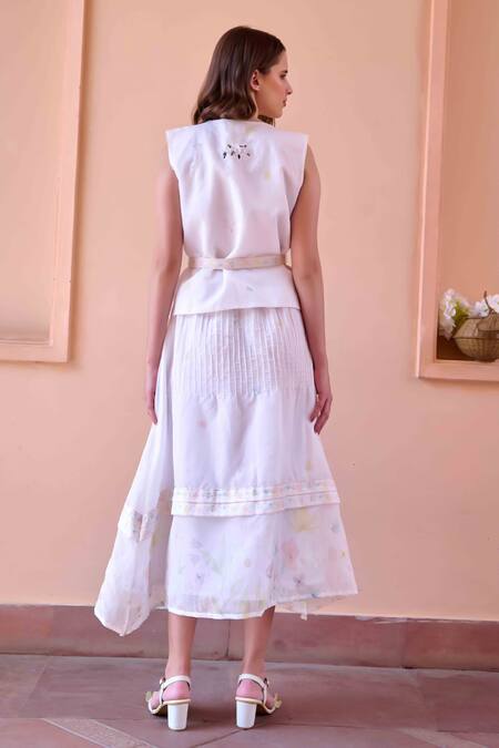 Shop_Ourdve_White Chanderi Embroidery Floral V Neck Jim Top With Skirt _at_Aza_Fashions