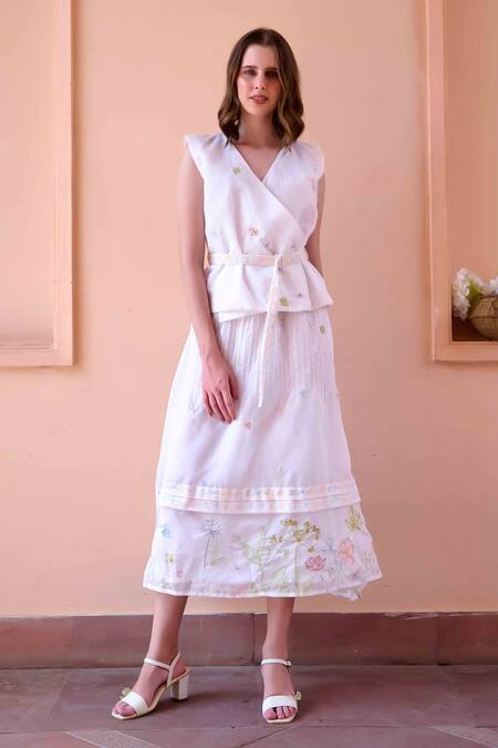 Ourdve_White Chanderi Embroidery Floral V Neck Jim Top With Skirt _Online_at_Aza_Fashions