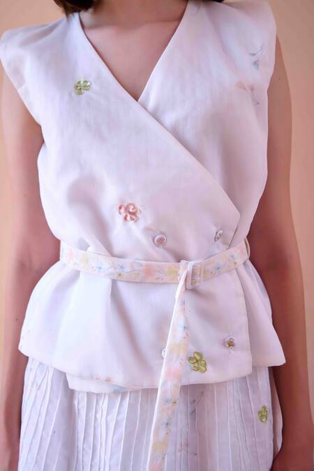 Buy_Ourdve_White Chanderi Embroidery Floral V Neck Jim Top With Skirt _Online_at_Aza_Fashions