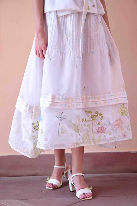 Shop_Ourdve_White Chanderi Embroidery Floral V Neck Jim Top With Skirt _Online_at_Aza_Fashions