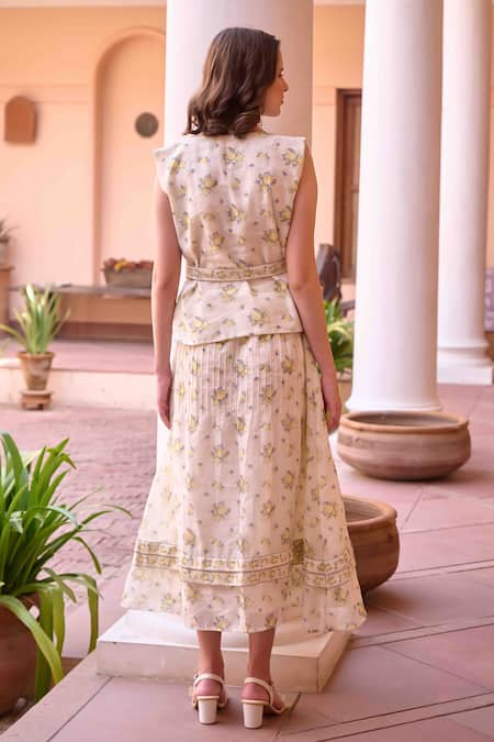Ourdve_Yellow Chanderi Print Lemon V Neck Jim Top With Skirt _Online_at_Aza_Fashions