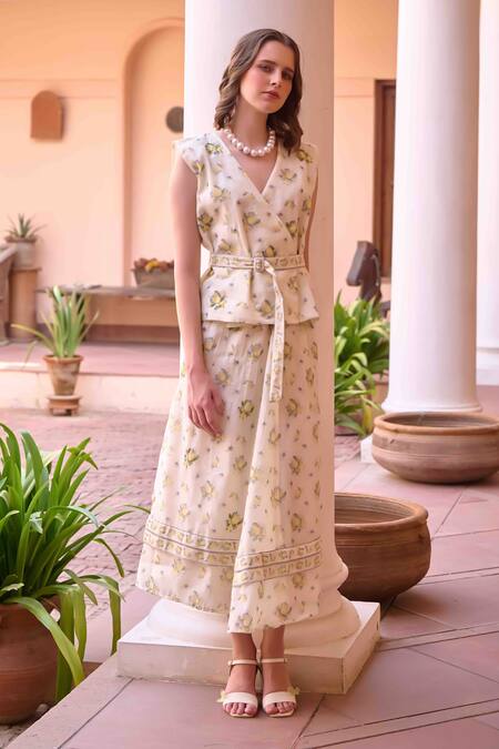 Shop_Ourdve_Yellow Chanderi Print Lemon V Neck Jim Top With Skirt _Online_at_Aza_Fashions