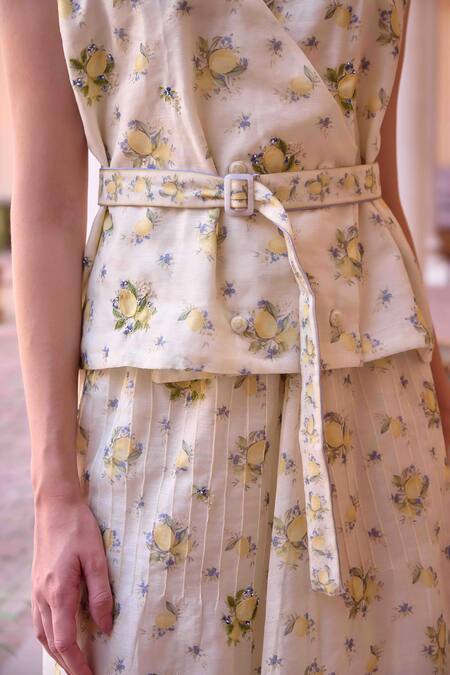 Buy_Ourdve_Yellow Chanderi Print Lemon V Neck Jim Top With Skirt 
