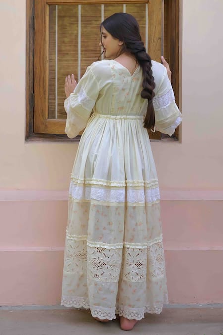 OurDve Yellow Cotton, Chanderi Lace, Embroidery V-neck Lucy Layered Dress Online at Aza Fashions OurDve_Yellow Cotton, Chanderi Lace, Embroidery V-neck Lucy Layered Dress _Online_at_Aza_Fashions
