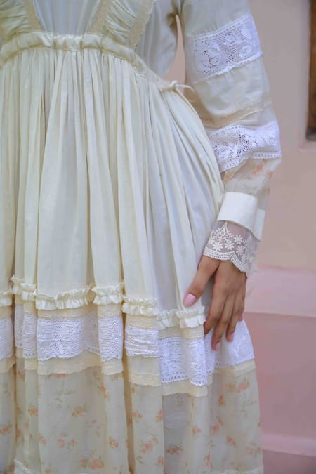 Buy OurDve Yellow Cotton, Chanderi Lace, Embroidery V-neck Lucy Layered Dress Online at Aza Fashions Buy_OurDve_Yellow Cotton, Chanderi Lace, Embroidery V-neck Lucy Layered Dress _Online_at_Aza_Fashions