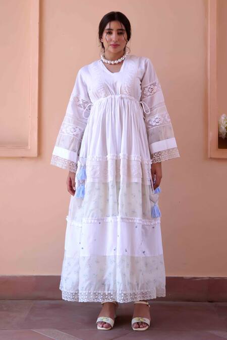 OurDve_White Cotton, Chanderi Embroidery, Lace V-neck Lucy Panelled Dress _Online_at_Aza_Fashions