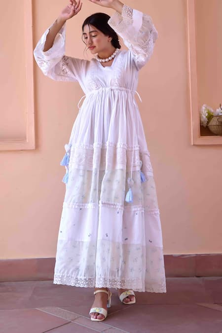 Buy_OurDve_White Cotton, Chanderi Embroidery, Lace V-neck Lucy Panelled Dress _Online_at_Aza_Fashions