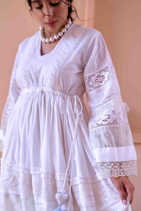 Shop_OurDve_White Cotton, Chanderi Embroidery, Lace V-neck Lucy Panelled Dress _Online_at_Aza_Fashions