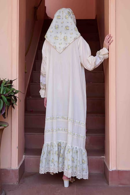 Shop OurDve Beige Cotton, Chanderi Embroidery, Lace Round Neck Nancy Placement Panel Dress at Aza Fashions Shop_OurDve_Beige Cotton, Chanderi Embroidery, Lace Round Neck Nancy Placement Panel Dress _at_Aza_Fashions