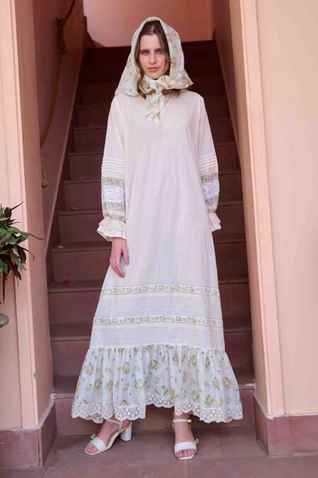 OurDve Beige Cotton, Chanderi Embroidery, Lace Round Neck Nancy Placement Panel Dress Online at Aza Fashions OurDve_Beige Cotton, Chanderi Embroidery, Lace Round Neck Nancy Placement Panel Dress _Online_at_Aza_Fashions