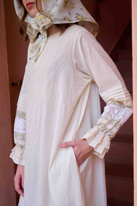 Buy OurDve Beige Cotton, Chanderi Embroidery, Lace Round Neck Nancy Placement Panel Dress Online at Aza Fashions Buy_OurDve_Beige Cotton, Chanderi Embroidery, Lace Round Neck Nancy Placement Panel Dress _Online_at_Aza_Fashions