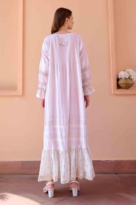 Shop OurDve White Cotton, Chanderi Lace Round Neck Nancy Frilled Hem Dress at Aza Fashions Shop_OurDve_White Cotton, Chanderi Lace Round Neck Nancy Frilled Hem Dress _at_Aza_Fashions