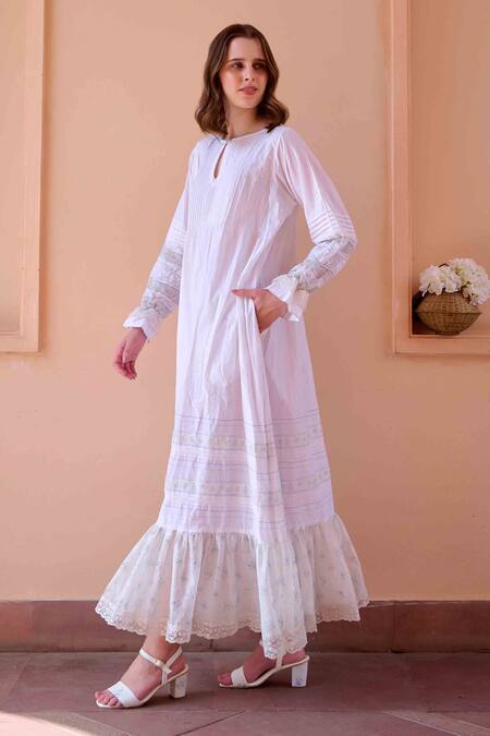 OurDve White Cotton, Chanderi Lace Round Neck Nancy Frilled Hem Dress Online at Aza Fashions OurDve_White Cotton, Chanderi Lace Round Neck Nancy Frilled Hem Dress _Online_at_Aza_Fashions