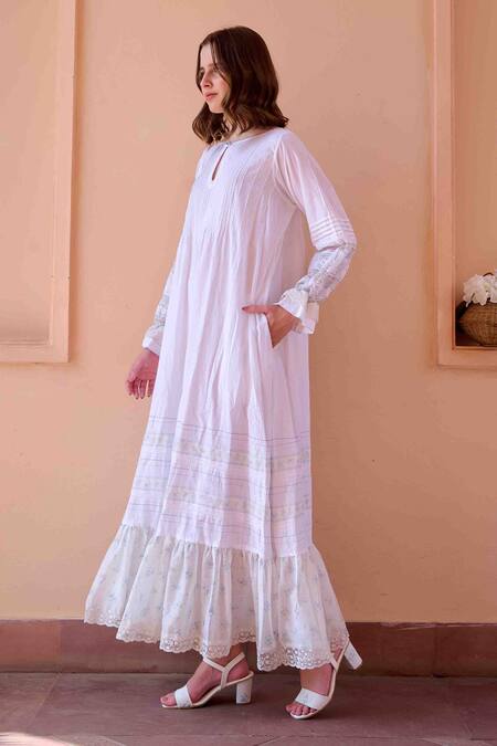 Buy OurDve White Cotton, Chanderi Lace Round Neck Nancy Frilled Hem Dress Online at Aza Fashions Buy_OurDve_White Cotton, Chanderi Lace Round Neck Nancy Frilled Hem Dress _Online_at_Aza_Fashions