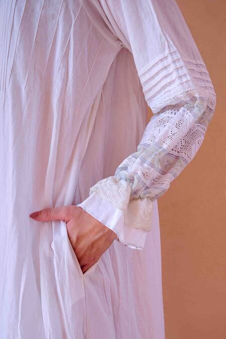 Shop OurDve White Cotton, Chanderi Lace Round Neck Nancy Frilled Hem Dress Online at Aza Fashions Shop_OurDve_White Cotton, Chanderi Lace Round Neck Nancy Frilled Hem Dress _Online_at_Aza_Fashions