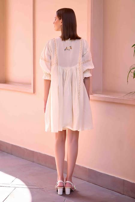 OurDve Beige Cotton Tassels Floral Embroidered Bodice Dress For Kids Online at Aza Fashions OurDve_Beige Cotton Tassels Floral Embroidered Bodice Dress For Kids_Online_at_Aza_Fashions