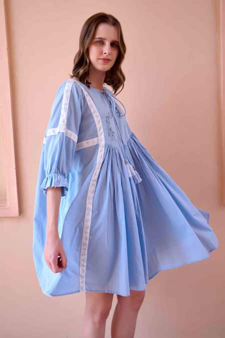 OurDve_Blue Cotton Round Neck Floral Embroidered Bodice Short Dress _Online_at_Aza_Fashions