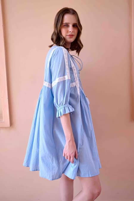 Buy_OurDve_Blue Cotton Round Neck Floral Embroidered Bodice Short Dress _Online_at_Aza_Fashions