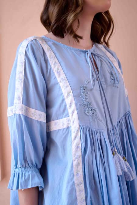 Shop_OurDve_Blue Cotton Round Neck Floral Embroidered Bodice Short Dress _Online_at_Aza_Fashions