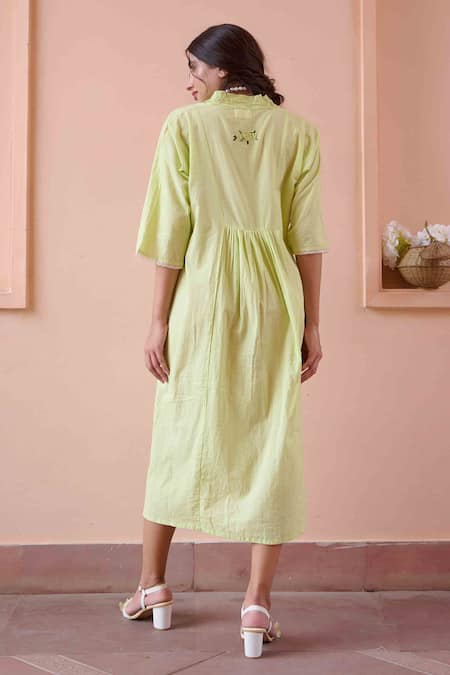 Shop OurDve Green Cotton Embroidery V-neck Olivia Tonal Dress at Aza Fashions Shop_OurDve_Green Cotton Embroidery V-neck Olivia Tonal Dress _at_Aza_Fashions