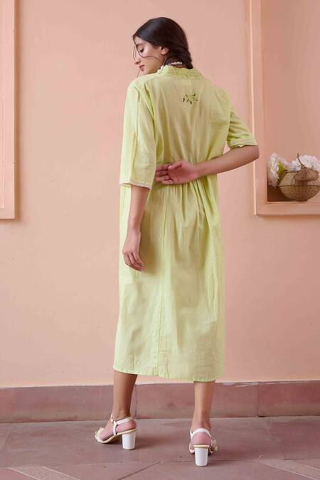 OurDve Green Cotton Embroidery V-neck Olivia Tonal Dress Online at Aza Fashions OurDve_Green Cotton Embroidery V-neck Olivia Tonal Dress _Online_at_Aza_Fashions