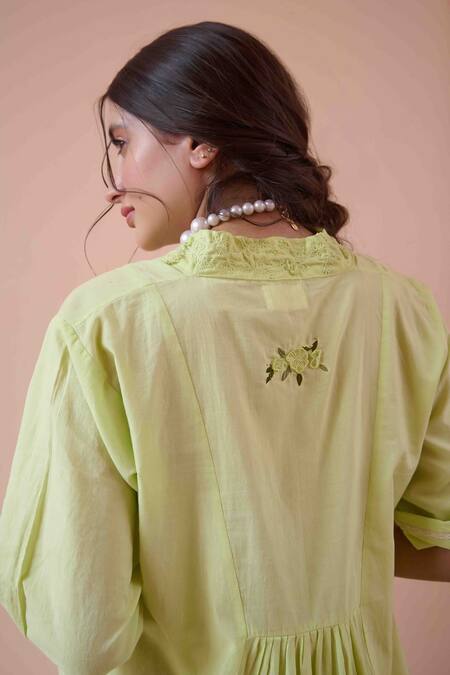 Buy OurDve Green Cotton Embroidery V-neck Olivia Tonal Dress Online at Aza Fashions Buy_OurDve_Green Cotton Embroidery V-neck Olivia Tonal Dress _Online_at_Aza_Fashions