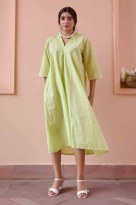 Shop OurDve Green Cotton Embroidery V-neck Olivia Tonal Dress Online at Aza Fashions Shop_OurDve_Green Cotton Embroidery V-neck Olivia Tonal Dress _Online_at_Aza_Fashions
