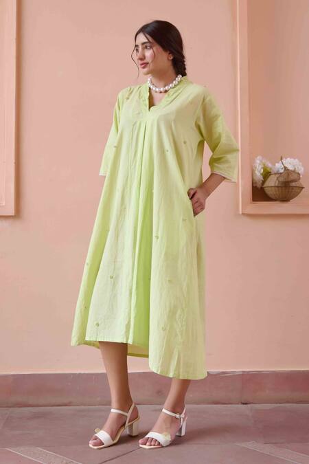 OurDve Green Cotton Embroidery V-neck Olivia Tonal Dress at Aza Fashions OurDve_Green Cotton Embroidery V-neck Olivia Tonal Dress _at_Aza_Fashions