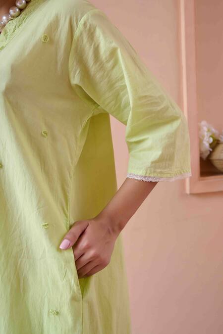 Buy OurDve Green Cotton Embroidery V-neck Olivia Tonal Dress Buy_OurDve_Green Cotton Embroidery V-neck Olivia Tonal Dress