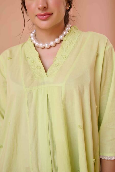 Shop OurDve Green Cotton Embroidery V-neck Olivia Tonal Dress Shop_OurDve_Green Cotton Embroidery V-neck Olivia Tonal Dress