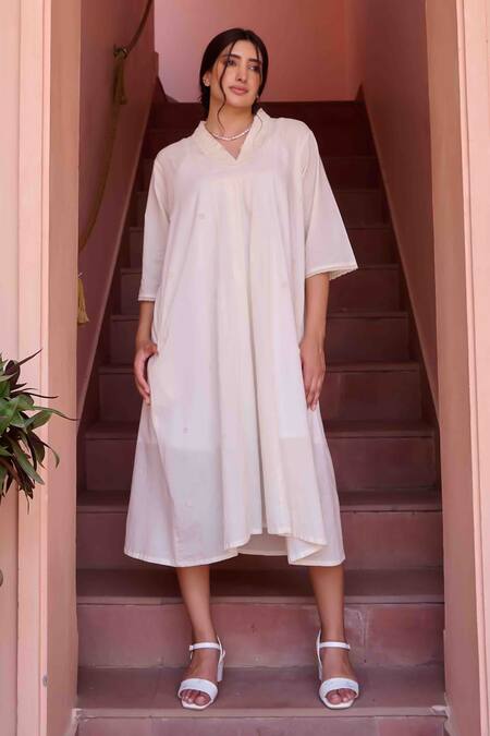 OurDve_Beige Cotton Embroidery V-neck Olivia Dress _Online_at_Aza_Fashions