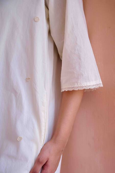 Shop_OurDve_Beige Cotton Embroidery V-neck Olivia Dress _Online_at_Aza_Fashions