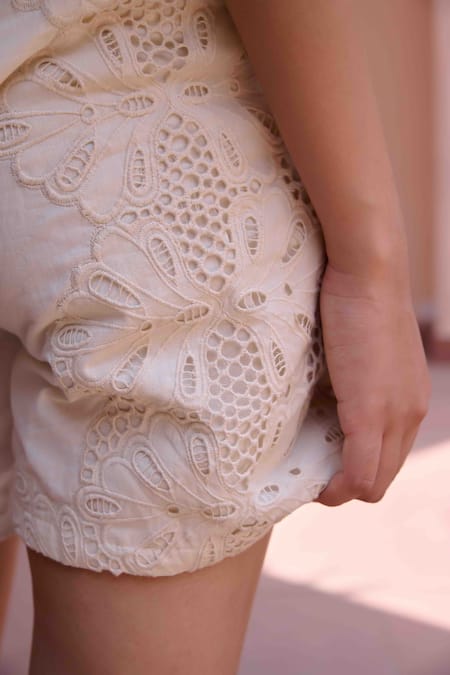 Buy OurDve Beige Cotton Cut Work, Embroidery Floral Top With Shorts Online at Aza Fashions Buy_OurDve_Beige Cotton Cut Work, Embroidery Floral Top With Shorts _Online_at_Aza_Fashions