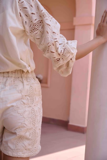 Shop OurDve Beige Cotton Cut Work, Embroidery Floral Top With Shorts Online at Aza Fashions Shop_OurDve_Beige Cotton Cut Work, Embroidery Floral Top With Shorts _Online_at_Aza_Fashions